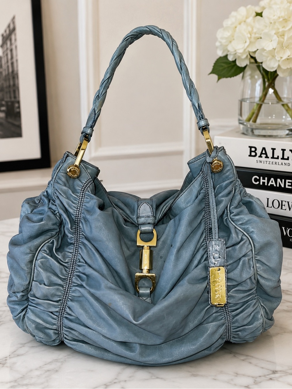 Vintage Bally Lambskin Nappa Leather Hobo | Slate Blue | Gold Hardware | Italy